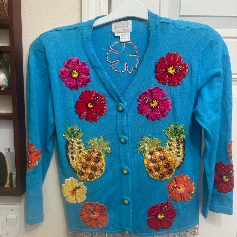 Just Be Blue Cardigan with Floral and Pineapple Embellishments size Medium